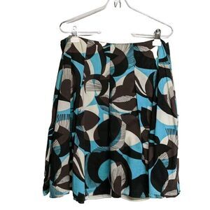New York & Company Skirt Women 12 NYC Flare Lined Turquoise Brown Feathers Print
